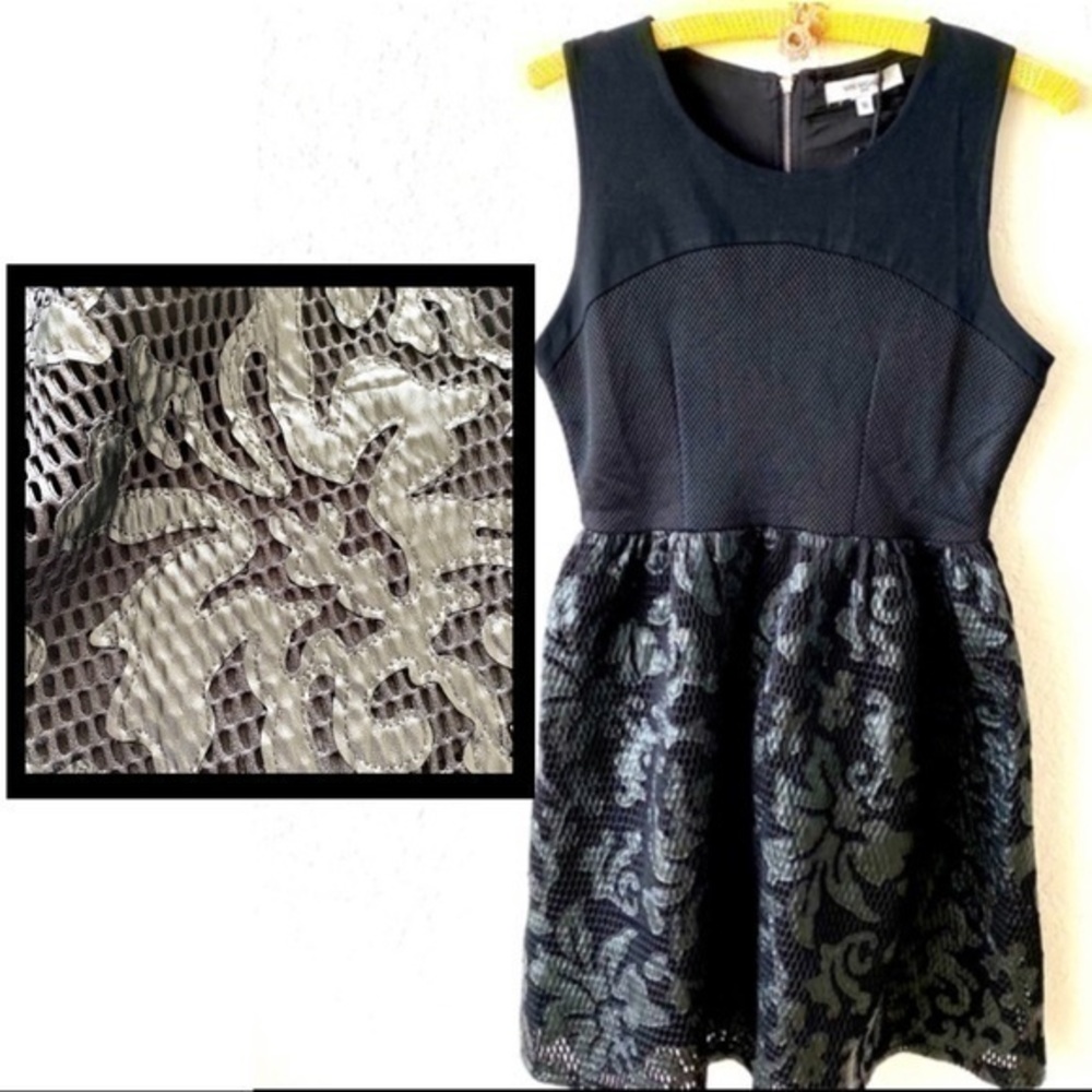 Mini Mignon Paris black A-line mesh & leather-like appliqués tank dress Sz 16